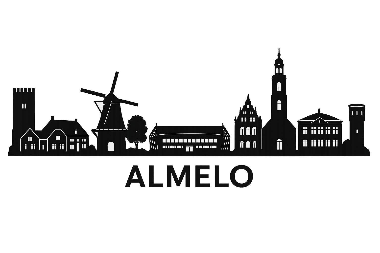Silhouet van herkenbare gebouwen en monumenten in Almelo